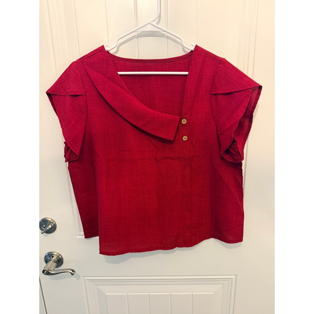 Shein Curve Red Textured Asymmetrical Neckline Short Sleeve Blouse Top XL